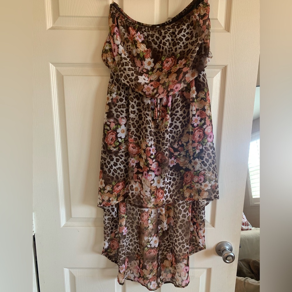 Cheetah and floral high low strapless dress